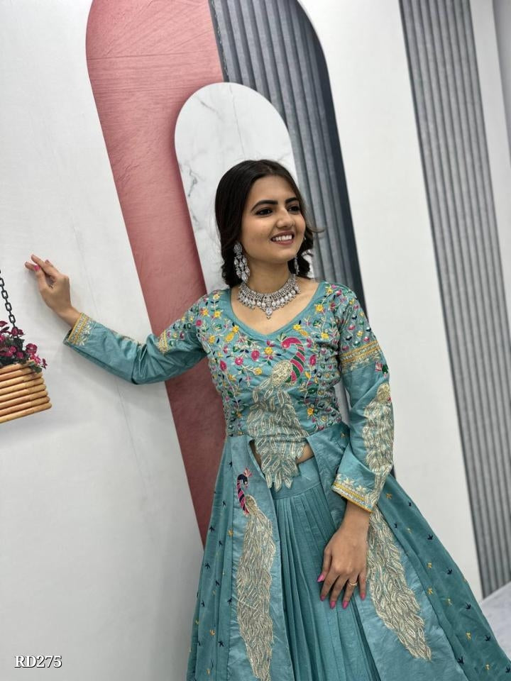 Women Embroidered Teal Lehenga Choli Set