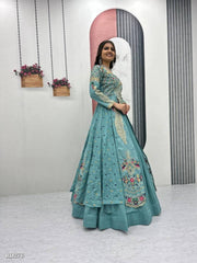 Women Embroidered Teal Lehenga Choli Set