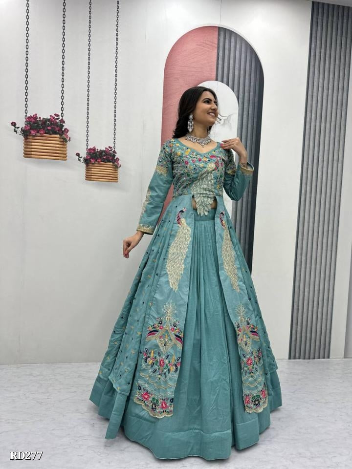 Women Embroidered Teal Lehenga Choli Set
