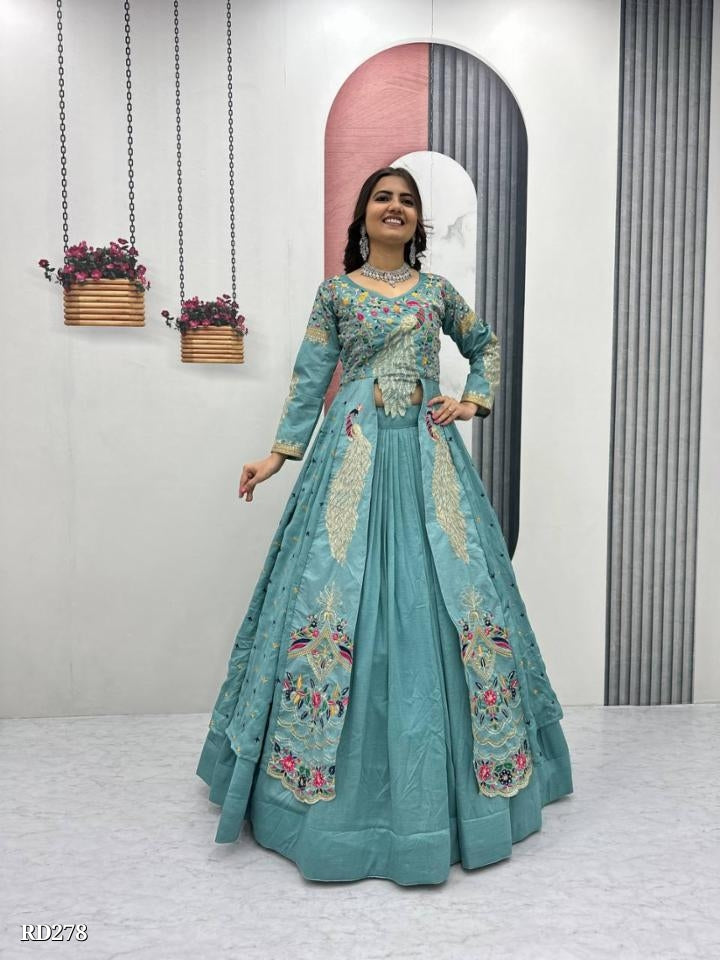 Women Embroidered Teal Lehenga Choli Set