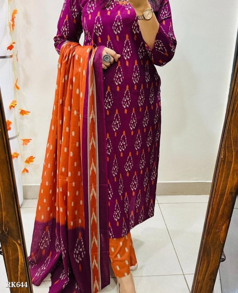 New straight  kurta 3 pcs set with new style in machin print