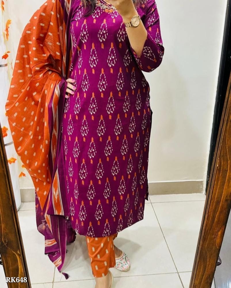 New straight  kurta 3 pcs set with new style in machin print