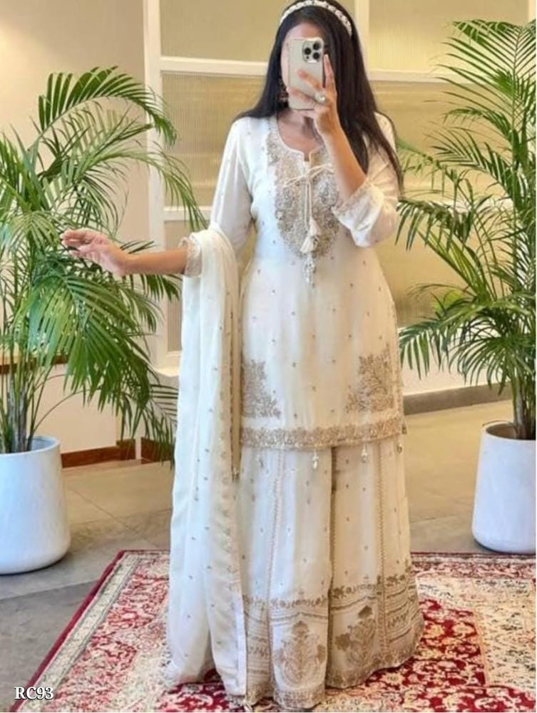 Womens Elegant White Silk Embroidered Kurta Sharara Set with Dupatta Traditional Festive Ethnic Wear_Off-White*