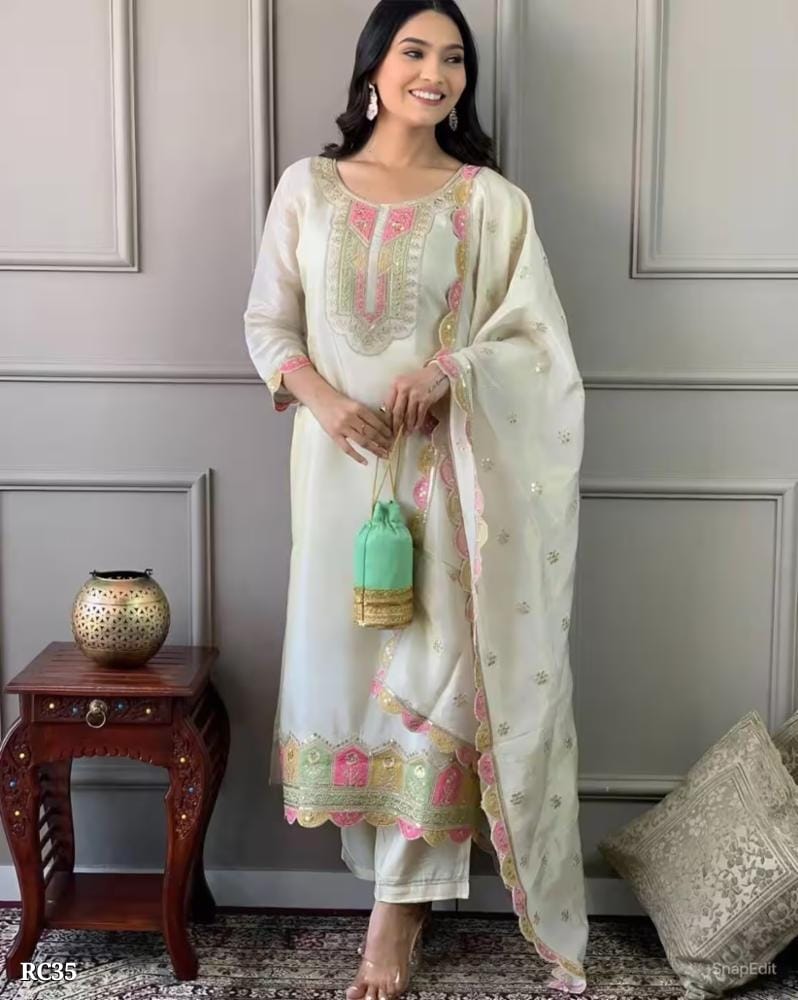 Embroidered Cotton Salwar Suit Set, Off-White with Pink and Gold Embellishments, Long Sleeves, Ethnic Indian Wear*