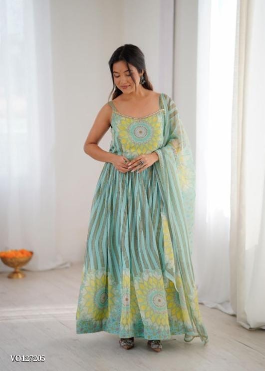 Soft Fox Georgette Leheriya Print Gown with Dupatta for Dresses &amp; Gowns