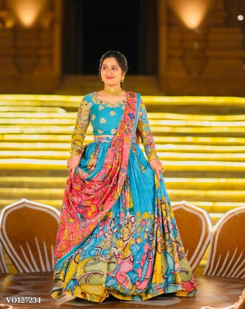 Kalamkari Embroidered Riyon Cotton Lehenga Choli Set with Dupatta