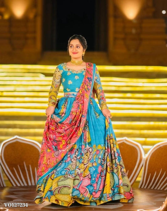 Kalamkari Embroidered Riyon Cotton Lehenga Choli Set with Dupatta