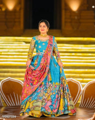 Kalamkari Embroidered Riyon Cotton Lehenga Choli Set with Dupatta