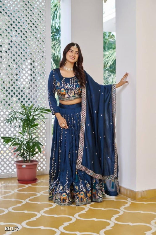 Rajkanika Royal Blue Embroidered Lehenga Choli with Dupatta for Weddings