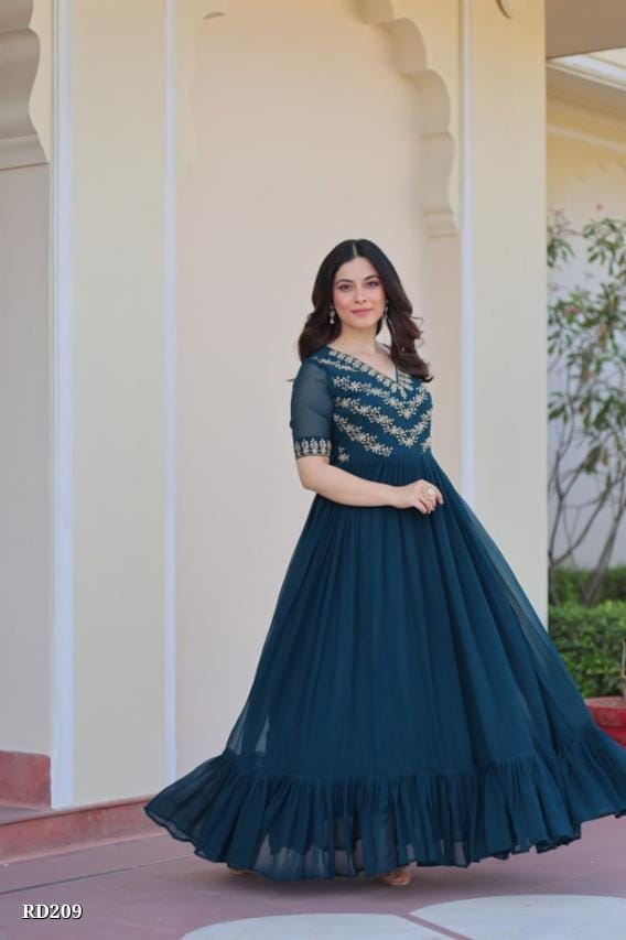 Rajkanika Teal Blue Embroidered Georgette Anarkali Gown
