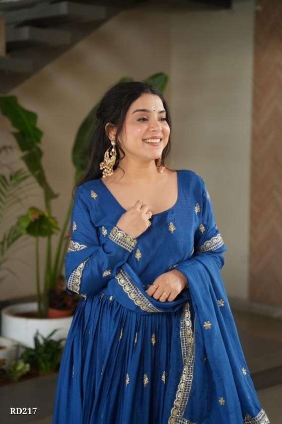 Royal Blue Embroidered Georgette Anarkali Gown with Dupatta*