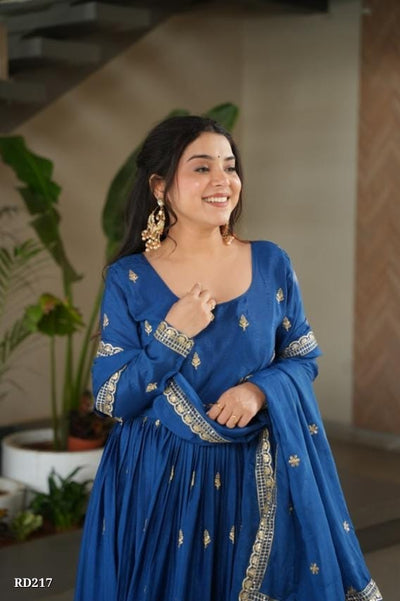 Royal Blue Embroidered Georgette Anarkali Gown with Dupatta*