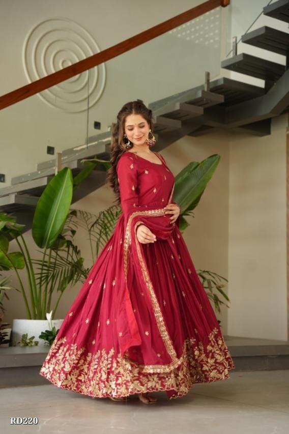 Wine Red Georgette Embroidered Anarkali Gown with Dupatta