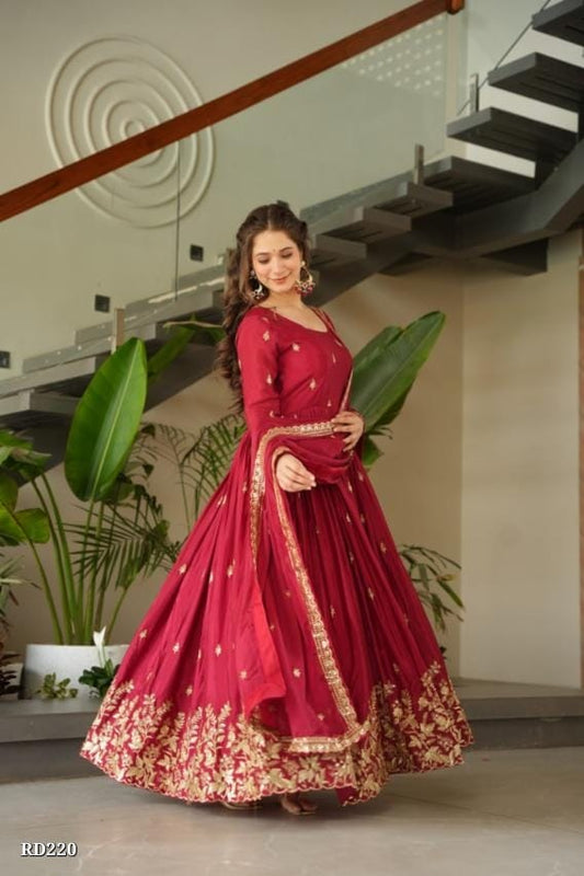 Wine Red Georgette Embroidered Anarkali Gown with Dupatta