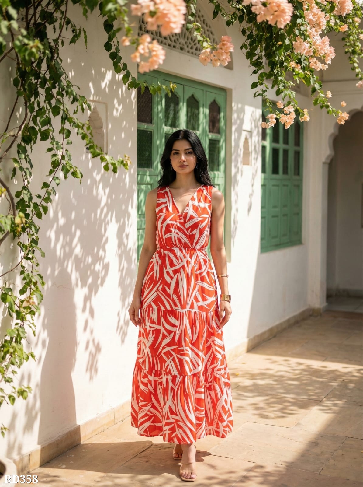 Women Orange & White Tropical Print Maxi Dress