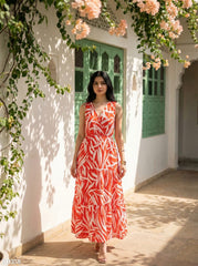 Women Orange & White Tropical Print Maxi Dress