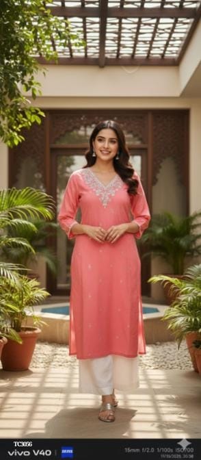 Festive Cotton Blend Kurti with V Neck – S