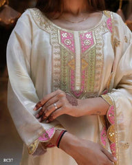 Embroidered Cotton Salwar Suit Set, Off-White with Pink and Gold Embellishments, Long Sleeves, Ethnic Indian Wear*