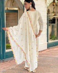Embroidered Cotton Salwar Suit Set, Off-White with Pink and Gold Embellishments, Long Sleeves, Ethnic Indian Wear*