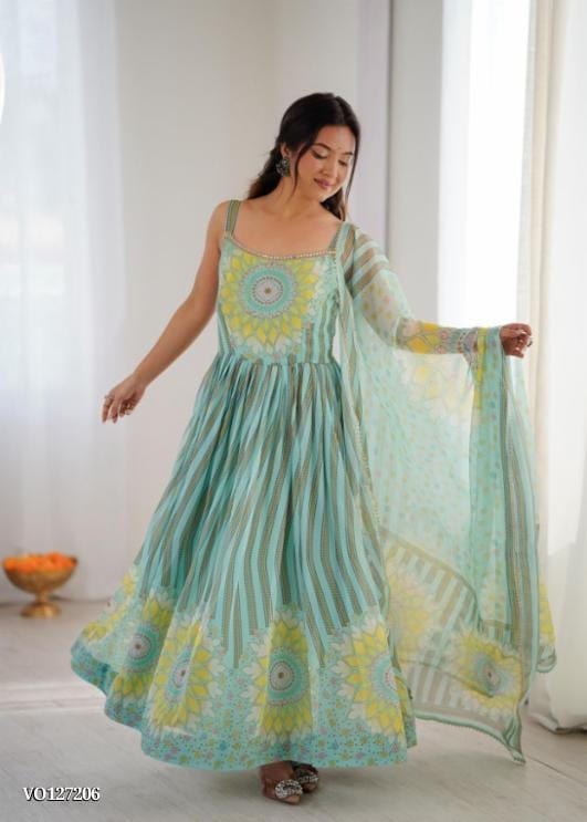 Soft Fox Georgette Leheriya Print Gown with Dupatta for Dresses &amp; Gowns