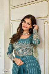 Embroidered Fox Georgette Gown with Lehenga, Choli and Shrug for Festivals