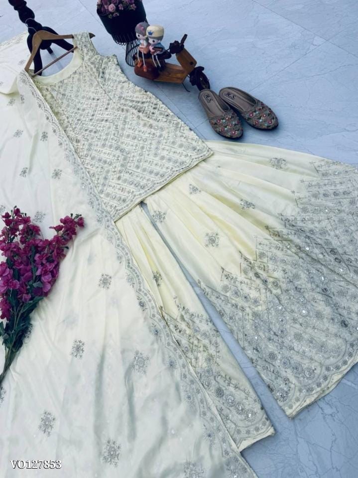 Embroidered Kurti Palazzo Dupatta Set for Women