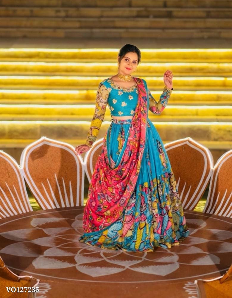 Kalamkari Embroidered Riyon Cotton Lehenga Choli Set with Dupatta