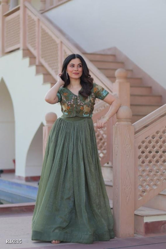 Olive Green  Embroidered Anarkali Gown