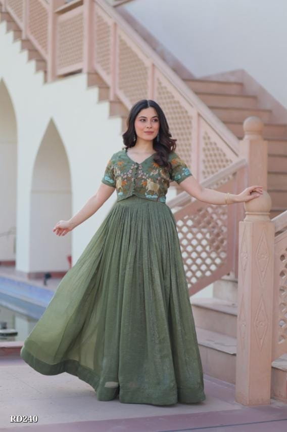 Olive Green  Embroidered Anarkali Gown