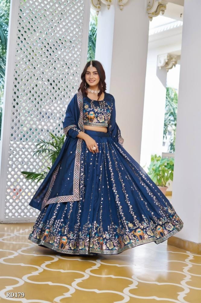 Rajkanika Royal Blue Embroidered Lehenga Choli with Dupatta for Weddings