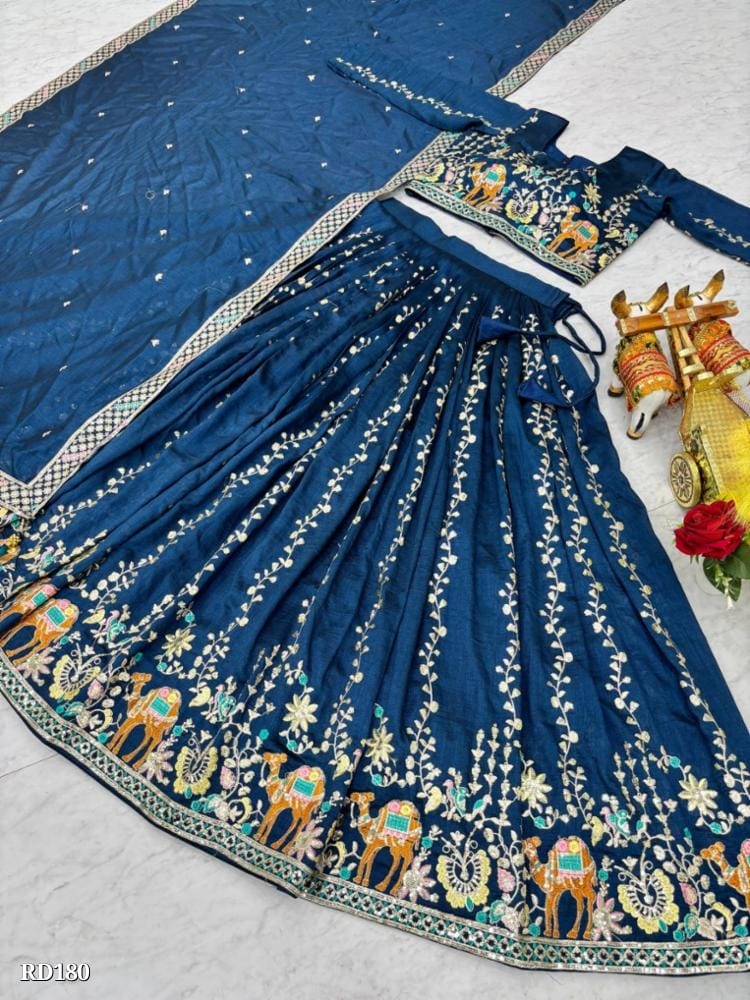Rajkanika Royal Blue Embroidered Lehenga Choli with Dupatta for Weddings