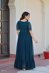 Rajkanika Teal Blue Embroidered Georgette Anarkali Gown