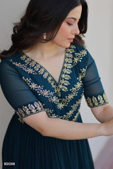 Rajkanika Teal Blue Embroidered Georgette Anarkali Gown