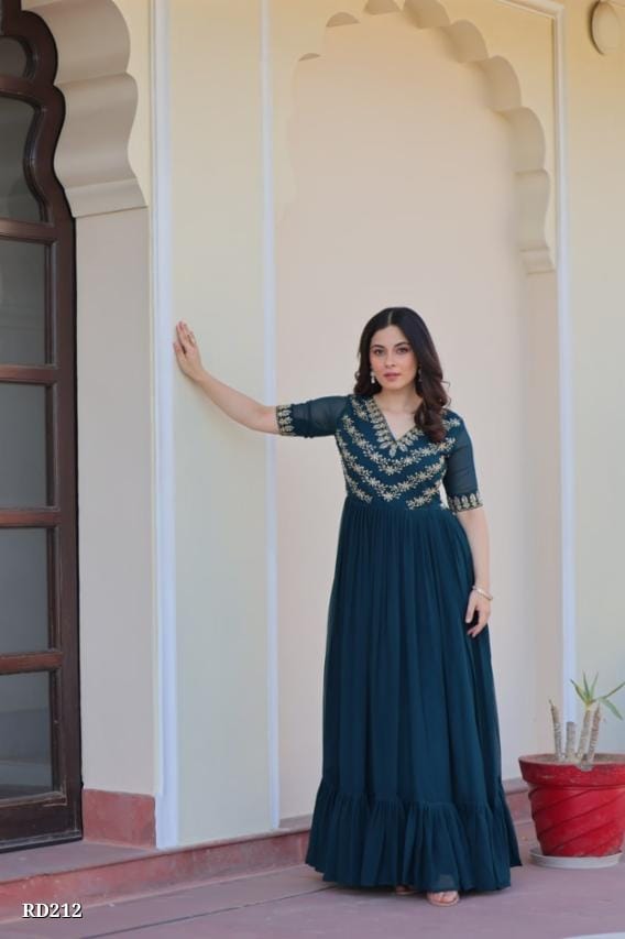 Rajkanika Teal Blue Embroidered Georgette Anarkali Gown