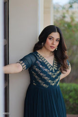 Rajkanika Teal Blue Embroidered Georgette Anarkali Gown