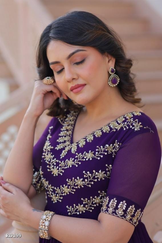 Floral Royal Purple Embroidered Georgette Anarkali Gown for Festive and Party*