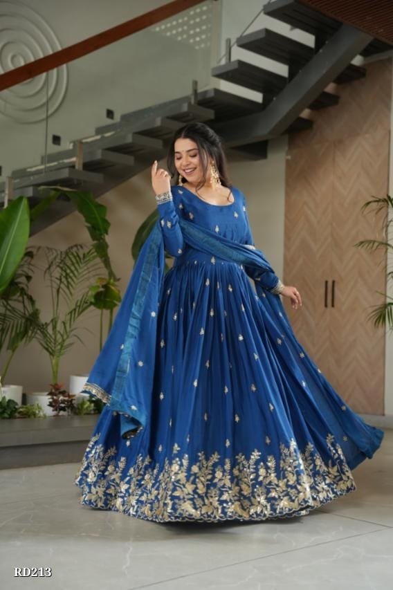 Royal Blue Embroidered Georgette Anarkali Gown with Dupatta*