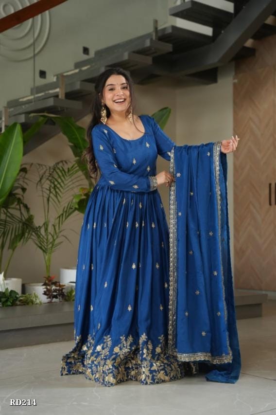 Royal Blue Embroidered Georgette Anarkali Gown with Dupatta*