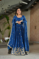 Royal Blue Embroidered Georgette Anarkali Gown with Dupatta*
