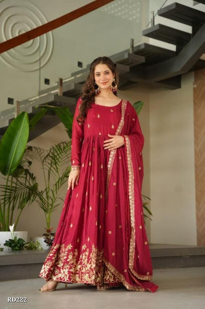 Wine Red Georgette Embroidered Anarkali Gown with Dupatta