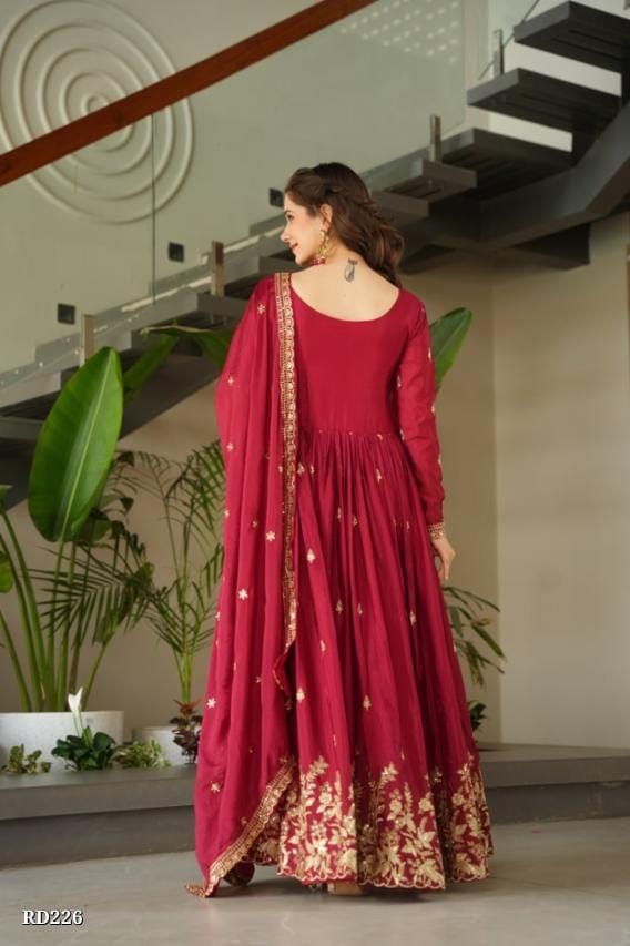 Wine Red Georgette Embroidered Anarkali Gown with Dupatta