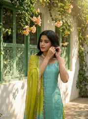 Women Solid Sea Green Kurta with Lime Green Palazzo &amp; Dupatta Set
