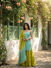 Women Solid Sea Green Kurta with Lime Green Palazzo &amp; Dupatta Set