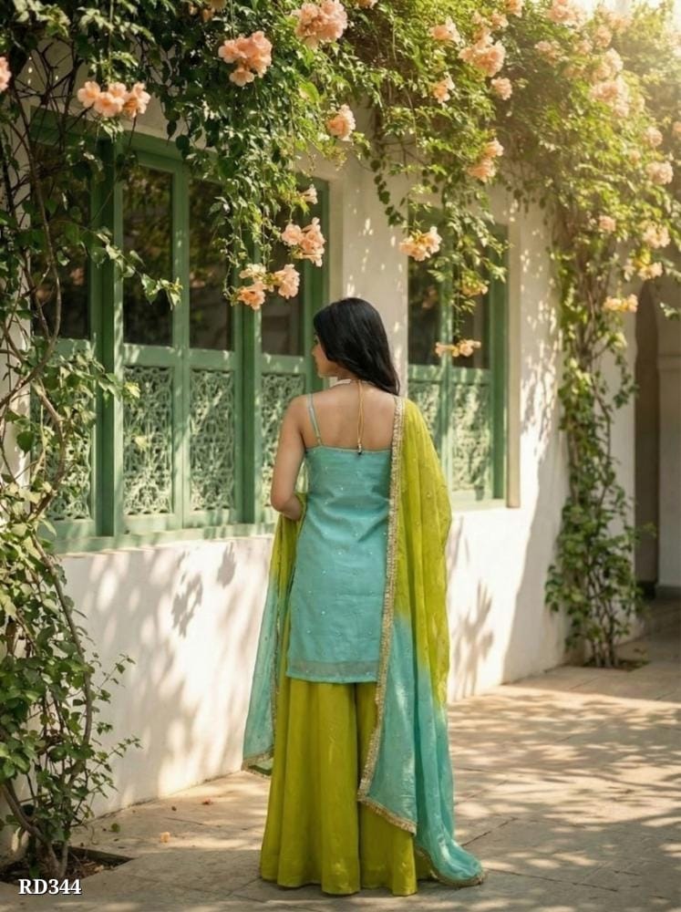 Women Solid Sea Green Kurta with Lime Green Palazzo &amp; Dupatta Set