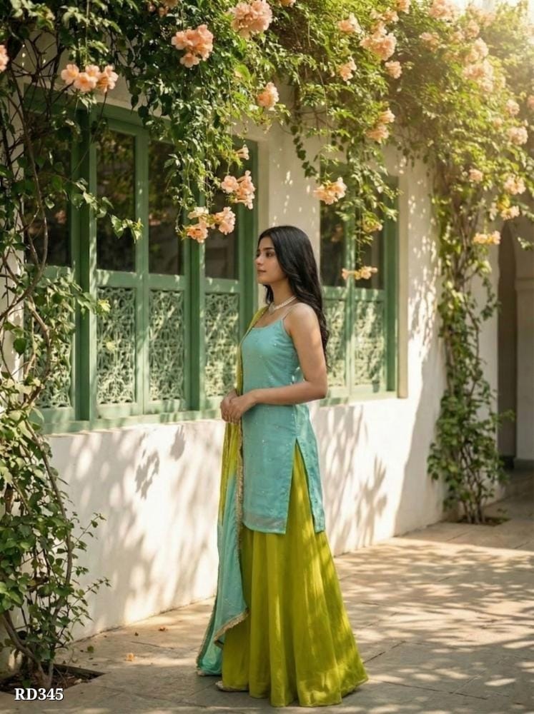 Women Solid Sea Green Kurta with Lime Green Palazzo &amp; Dupatta Set