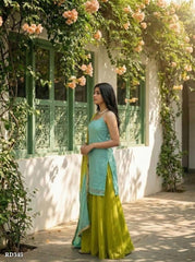 Women Solid Sea Green Kurta with Lime Green Palazzo &amp; Dupatta Set