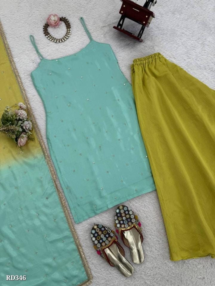 Women Solid Sea Green Kurta with Lime Green Palazzo &amp; Dupatta Set