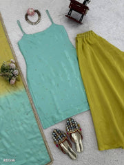 Women Solid Sea Green Kurta with Lime Green Palazzo &amp; Dupatta Set
