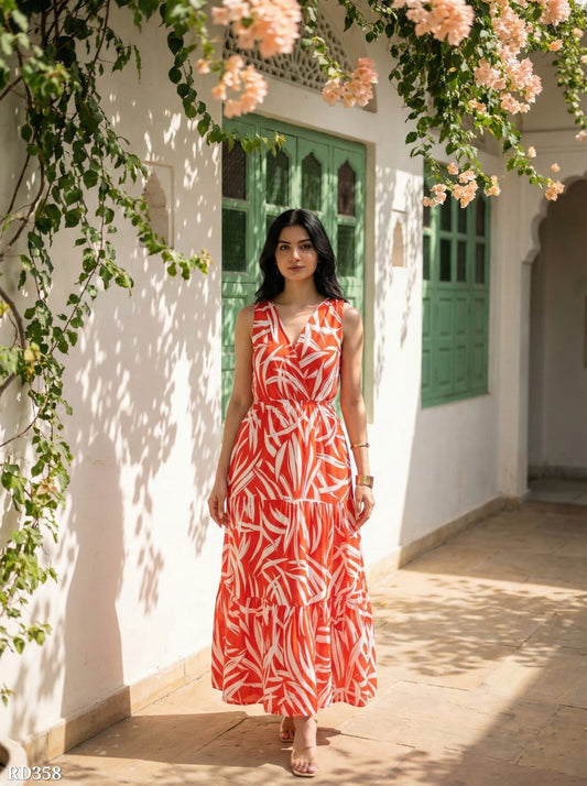 Women Orange & White Tropical Print Maxi Dress