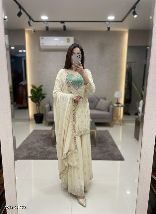 Chinon Silk Embroidered Suits Plazoo Set with Dupatta